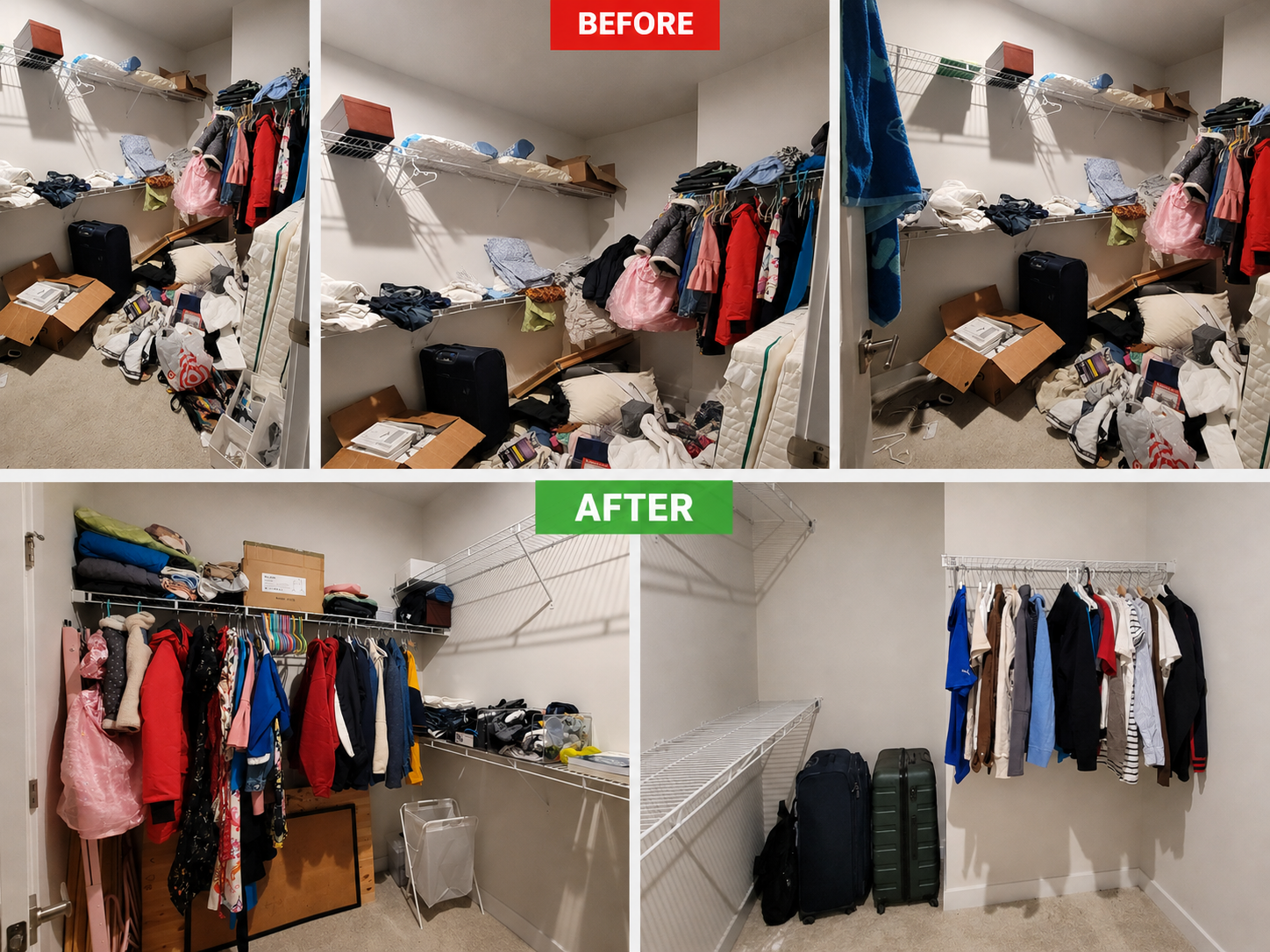 Closet before and after organizing shown in one side-by-side image