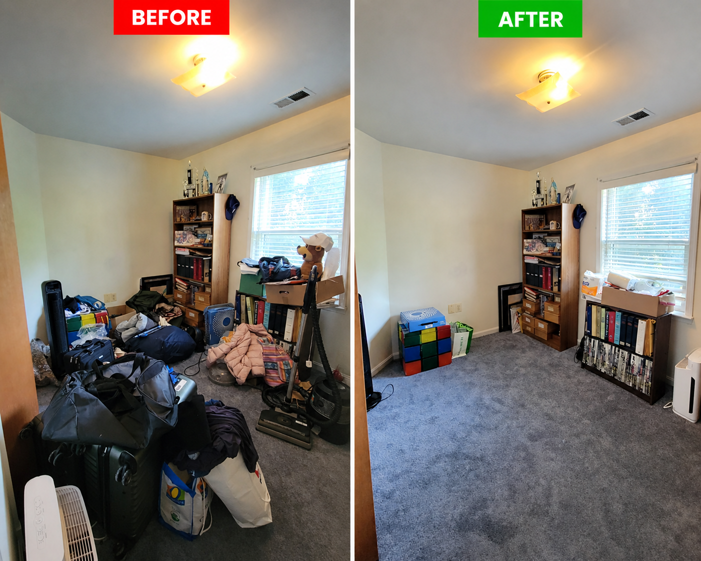 Guest room before and after organizing shown in one side-by-side image