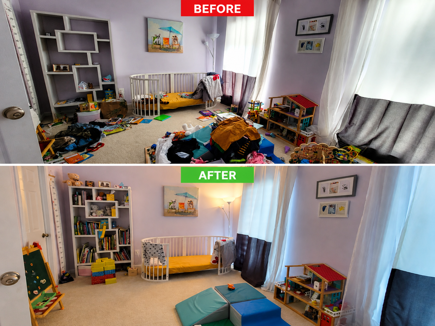 Kids room before and after organizing shown in one side-by-side image