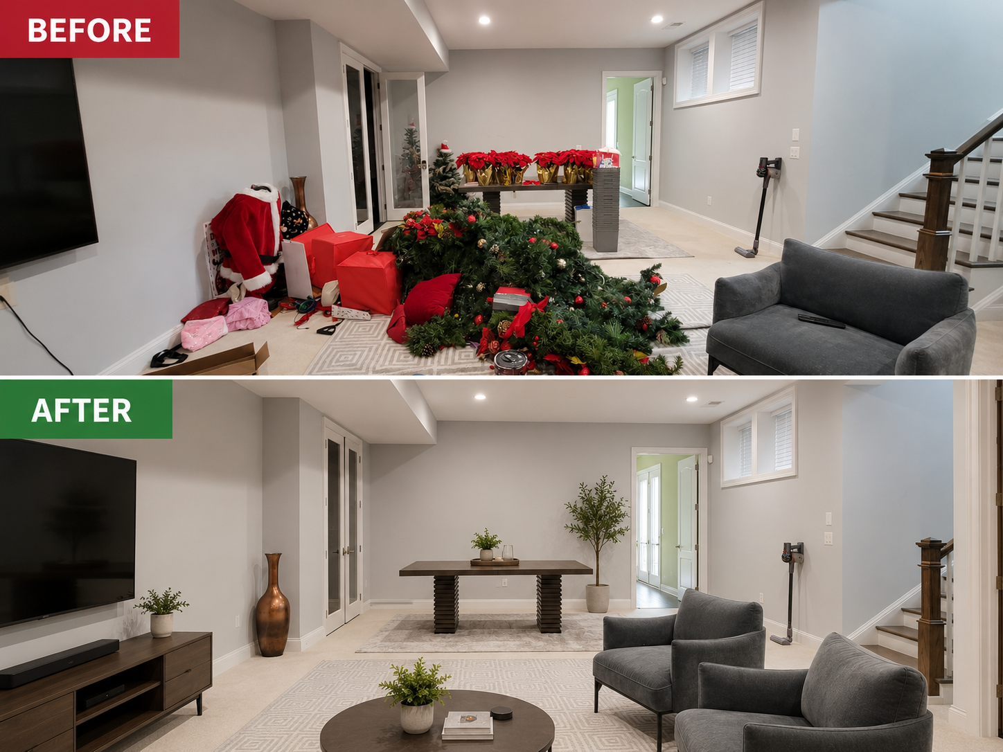 Main room before and after organizing shown in one side-by-side image