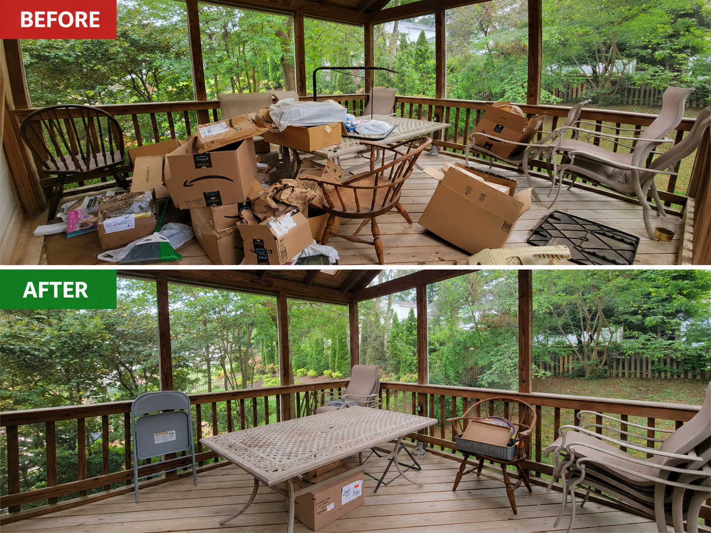 Patio before and after organizing shown in one side-by-side image